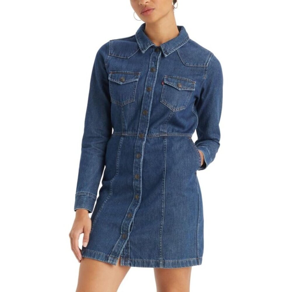 Western Denim Dress Womens Cotton A-line Long Sleeve Button Up Casual
